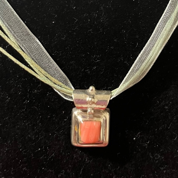 Vintage America Jewelry - 925 Sterling Silver Coral Pendant with lace choker vintage